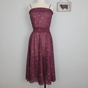 Vintage 1970s? Sheer Micro Floral Smocked Sundress Sz S‎ Maroon Swing Strappy